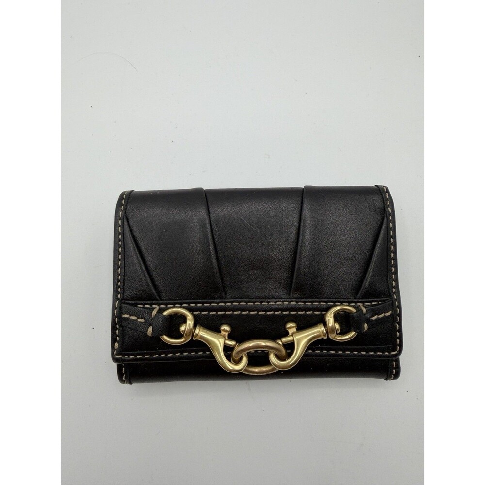 COACH LEATHER TRIFOLD WALLET W/COIN Pouch Black & BRASS Equestrian Vintage Y2K